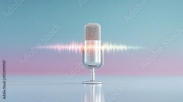 Fototapeta Silver Microphone with Colorful Sound Waves on Pastel Background
