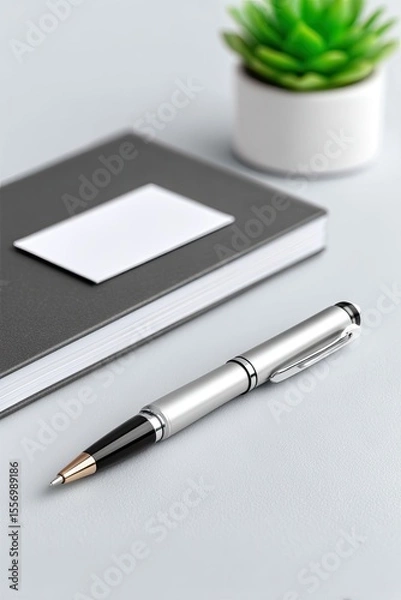 Fototapeta Silver Pen and Grey Notebook Flatlay on Light Grey Desk