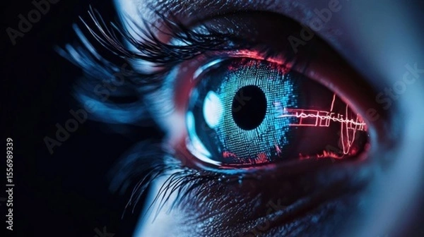 Fototapeta Close-up of a person's eye. the eye is the focal point of the image, with the iris being the main focus. the iris is a deep blue color, and the pupil is a lighter shade of blue.