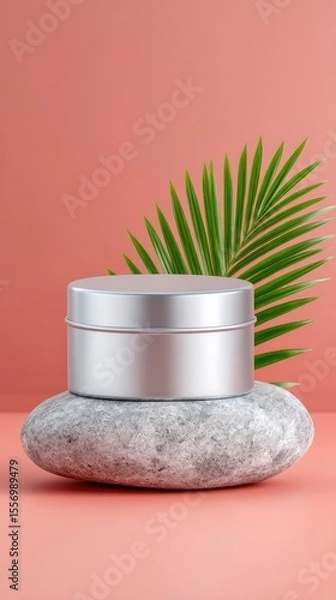 Fototapeta Silver Reusable Cosmetic Tin on Marble Base with Palm Leaf