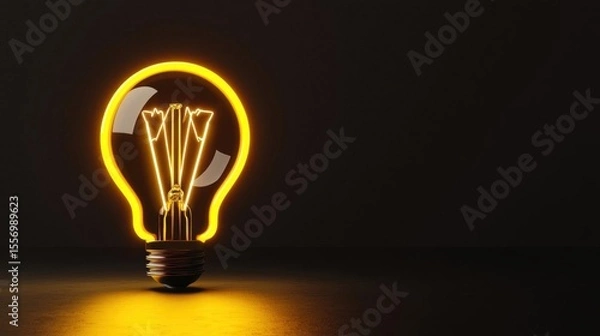 Fototapeta 3d rendering of a light bulb. the bulb is turned on and is emitting a bright yellow glow. the background is completely black, making the light bulb stand out even more.