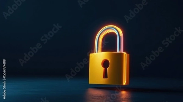 Fototapeta 3d rendering of a yellow padlock with a keyhole in the center. the padlock is glowing with a rainbow-like light, creating a neon-like effect.