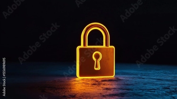 Fototapeta 3d rendering of a glowing padlock. the padlock is in the center of the image and is made up of a rectangular shape with a keyhole in the middle.