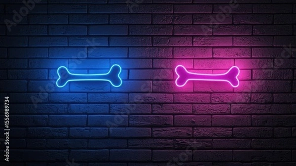 Fototapeta Two neon signs of a dog bone on a brick wall. the signs are in different colors - blue and pink - and are lit up in a bright neon style.