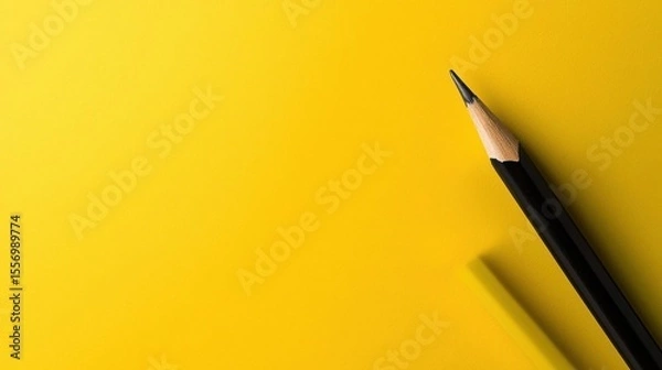 Fototapeta Close-up of a black pencil with a pointed tip. the pencil is lying on a bright yellow background. the tip of the pencil is slightly curved and appears to be made of wood.
