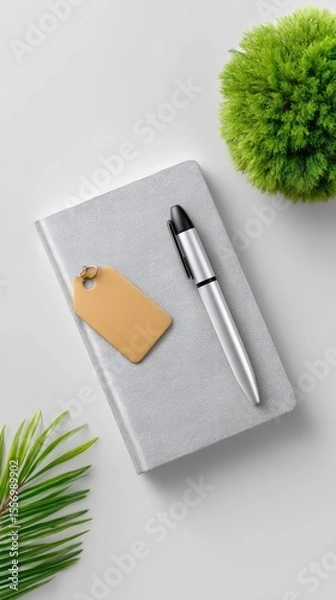 Fototapeta Silver Stylus on Speckled Notebook with Tag near Greenery