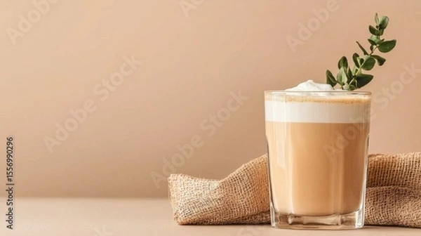 Fototapeta Glass of coffee on a beige background. the glass is filled with a creamy, light brown liquid, which appears to be a latte or cappuccino.