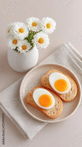 Fototapeta Simple Breakfast Flatlay: Boiled Egg and Toast with Daisies