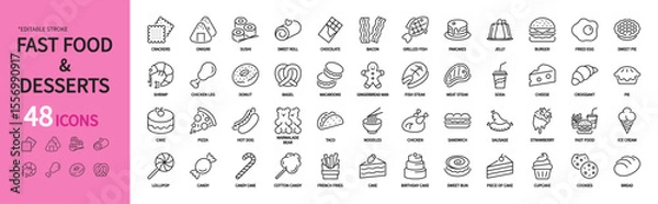 Fototapeta Fast food & desserts icon set. Burger, meat steak, pizza, hot dog, sushi, sandwich, croissant, cake, ice cream, chocolate, donut, cupcake, bagel, macaroon, etc. Editable stroke, vector illustration.