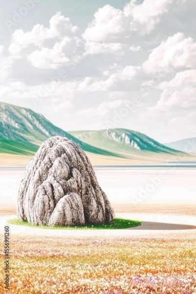 Fototapeta Single Boulder in Steppe Landscape with Long Shadow