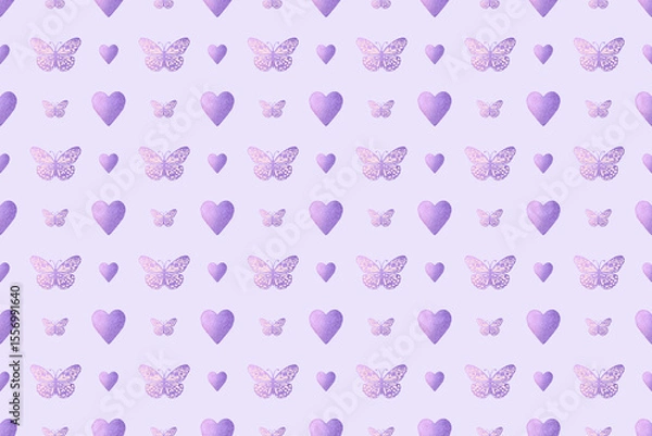 Fototapeta Seamless pattern with watercolor purple butterflies and hearts