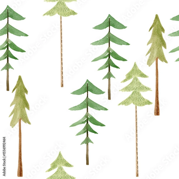 Fototapeta This is a charming watercolor seamless pattern depicting various shades of green forest trees on a clean white background.