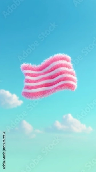 Obraz Pink and White Striped Fluffy Flag Floating in a Blue Sky