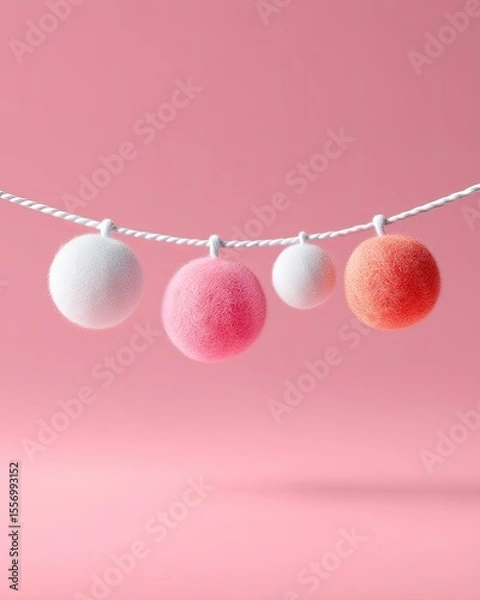 Obraz Pink Background with Hanging Pastel Pom Poms and Mini Bunting