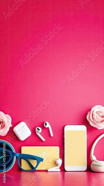 Obraz Pink Background Flatlay with Phone, Earbuds and Roses