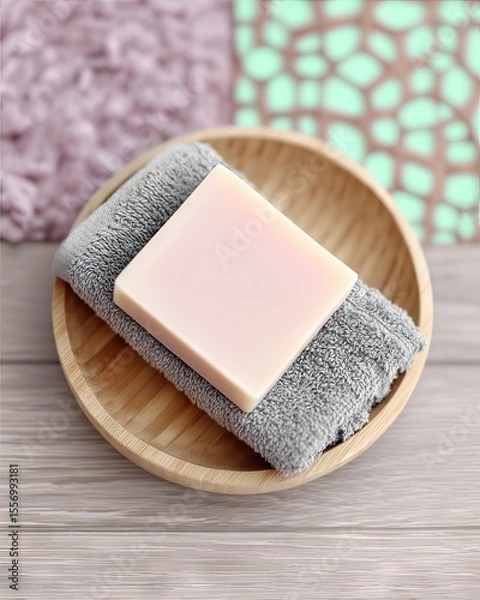 Obraz Pink Bar Soap on Gray Towel in Wooden Bowl
