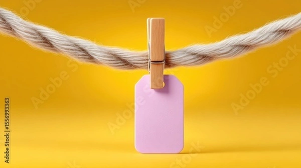 Obraz Pink Blank Tag Hanging on Rope with Wooden Clip Yellow Background