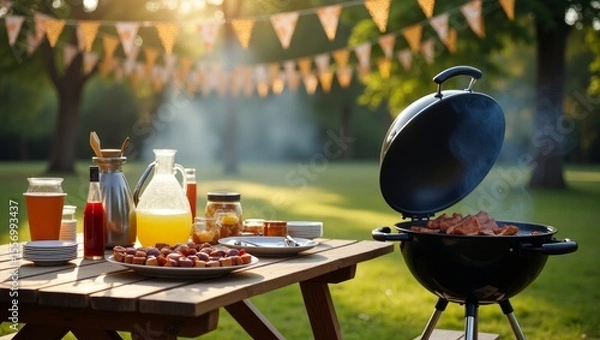 Fototapeta Delicious BBQ ribs and sausages grilling on a barbecue at a sunny summer picnic