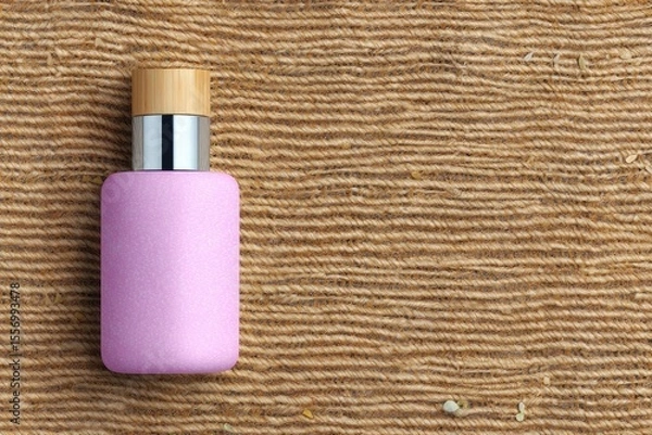 Obraz Pink Bottle with Bamboo Cap on Jute Background