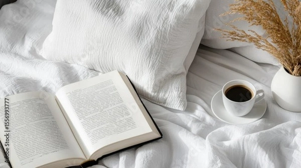 Fototapeta Open book lying on a bed with white sheets and pillows. the book is open to a page with text, and it appears to be a hardcover with a black cover.