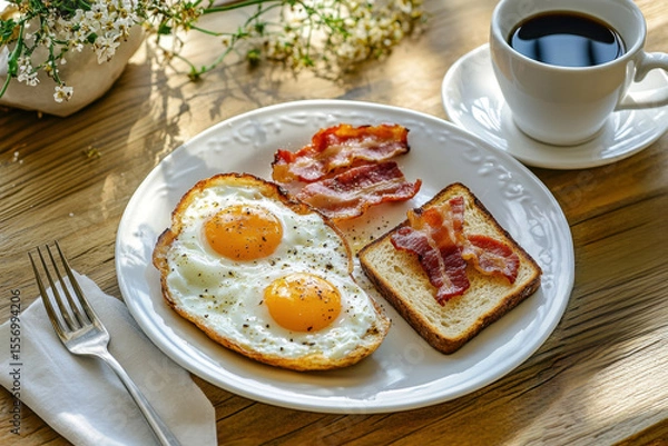 Fototapeta Homemade American breakfast. Fried eggs with bacon and toast, a cup of coffee and a fork on a wooden table. Healthy breakfast. The concept of healthy eating. Morning Sunlight