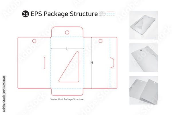 Obraz P1_36. It is a window-type folder bag that can be sold by hanging computer supplies, medicines, and stationery on a hook. package Dieline. Box structure. 