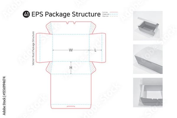 Obraz P1_41. It is a trapezoidal four-sided adhesive box with an open top and is used for lunch boxes, gimbap, salads, and vegetable packaging. package Dieline. Box structure. 