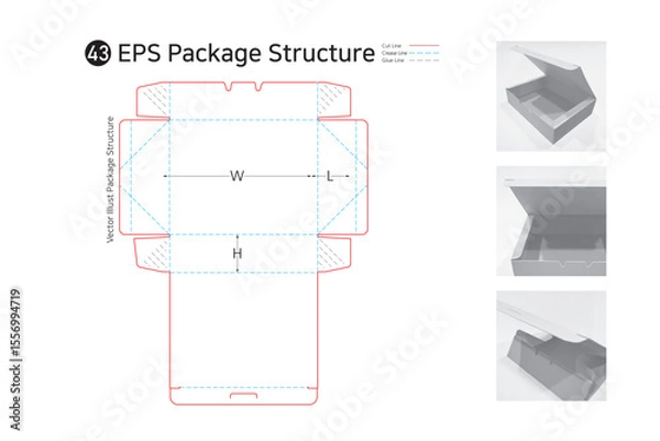 Obraz P1_43. It is a folding top open four-sided adhesive box and is used for lunch boxes, gimbap, salads, and vegetable packaging. package Dieline. Box structure. 