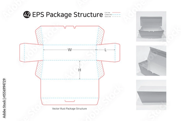 Obraz P1_42. It is a trapezoidal four-sided adhesive box with an open top and is used for hot dogs, gimbap, salads, and vegetable packaging. package Dieline. 