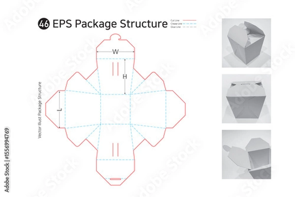 Obraz P1_46. It is an assembly box that is inexpensive and convenient as a take out packaging container. package Dieline. Box structure.