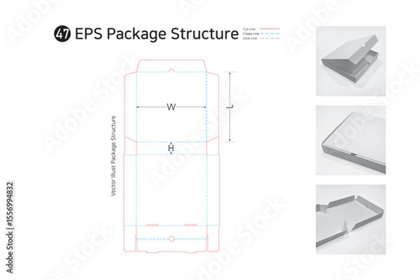 Obraz P1_47. It is a top open assembly box with a double wall at the front and can be used as a pizza, clothing, and delivery box. package Dieline. Box structure. 