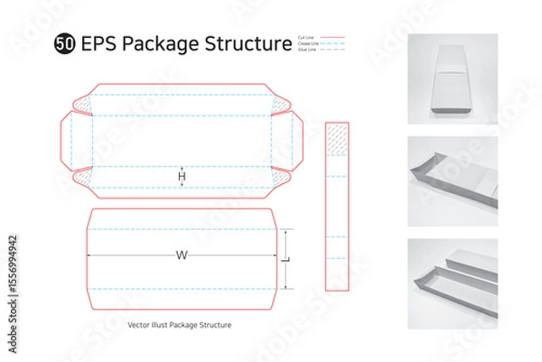Obraz P1_50. It is a covered four-sided adhesive trapezoidal box that can be used as a lunch box, gimbap, grocery, and gift box. package Dieline. Box structure.