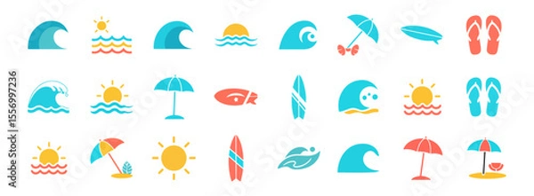 Fototapeta Tropical Beach and Surf Icon Set Vector - Summer Vacation Elements with Waves, Sun, Umbrellas, Surfboards, and Flip-Flops