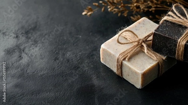 Fototapeta Two handmade soaps tied together with twine on a black textured background. the soap bars are rectangular in shape and appear to be made of a light-colored soap with a speckled texture.