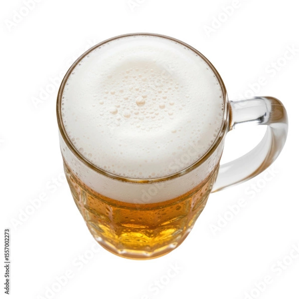 Fototapeta An overhead view of a classic glass beer mug filled with golden lager and a generous, frothy white head, perfect for illustrating drinks, parties, or relaxation.
