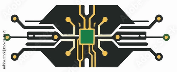 Obraz A clean, dark gray and black vector illustration of a circuit board with a central green chip and yellow connectors, symbolizing technology, computing, or electronic design.