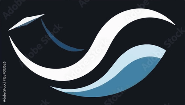 Obraz A minimalist abstract vector logo featuring two stylized white and blue wavy shapes, symbolizing dynamic flow, sound waves, or energy, on a dark background.