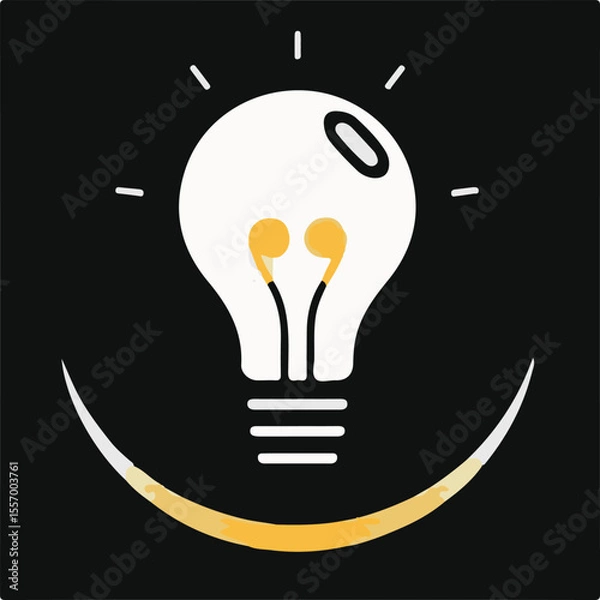 Obraz A stylized vector image of a white light bulb with glowing yellow filaments shaped like earbuds, emanating light rays, set against a dark background, signifying ideas or audio inspiration.