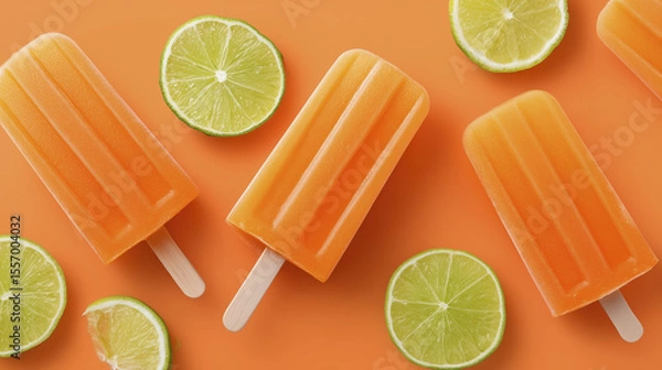Fototapeta Colorful orange popsicles arranged on a vibrant orange background, surrounded by fresh lime slices, creating a refreshing summer dessert scene with bright colors and textures