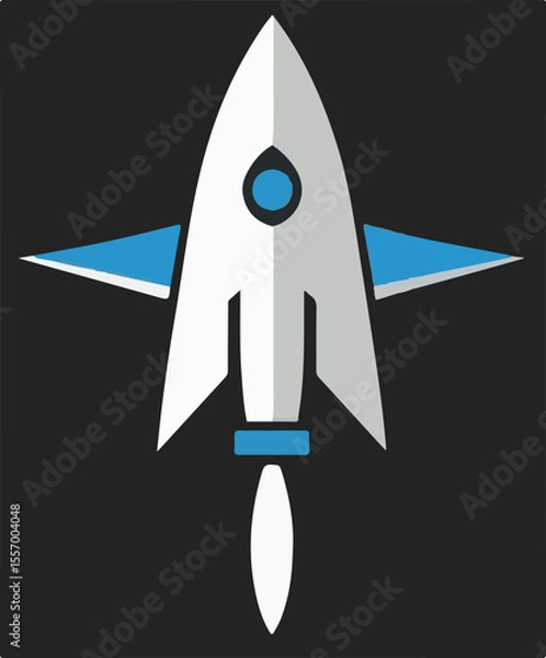 Obraz A sleek, white and blue vector rocket taking off, with a flame effect at its base, symbolizing launch, innovation, speed, or progress, against a dark background.