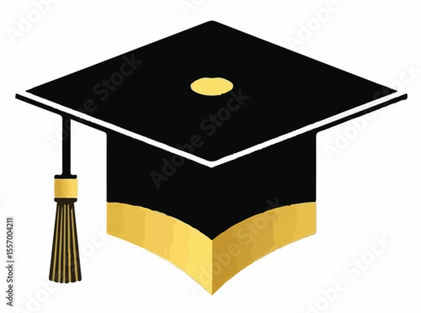 Obraz A classic black graduation cap with a gold tassel and band, presented as a vector illustration. Ideal for themes of education, achievement, success, or academic milestones.