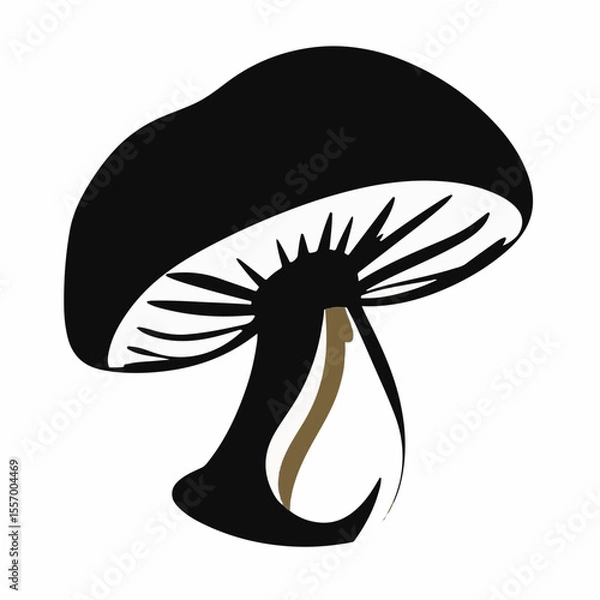 Obraz A dark, stylized vector illustration of a mushroom with a black cap and prominent gills, featuring a brown stem detail, ideal for nature, food, or fantasy themes.
