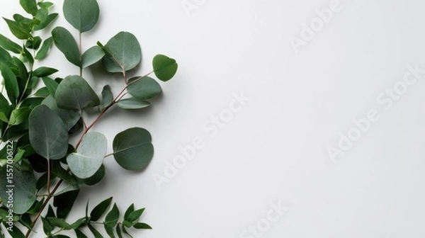 Fototapeta Flat lay of a branch of eucalyptus leaves on a white background. the leaves are arranged in a way that they are overlapping each other, creating a border around the image.