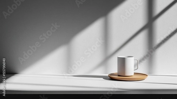 Fototapeta White coffee cup and saucer on a wooden tray on a white surface. the background is a plain white wall with a shadow cast on it.