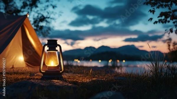 Fototapeta Camping scene with a tent on the left side and a lantern on the right side. the tent is set up on a grassy field with a lake in the background.