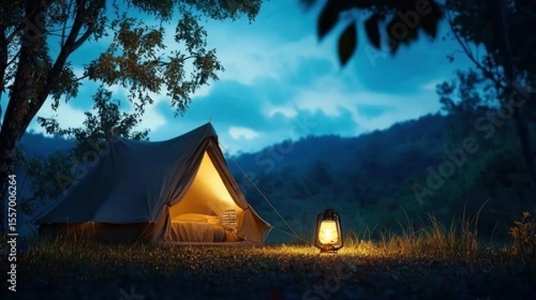 Fototapeta Tent set up in a field at night. the tent is a large, dark blue tarpaulin with a pointed roof and is set up on a grassy field with tall grass and trees in the background.