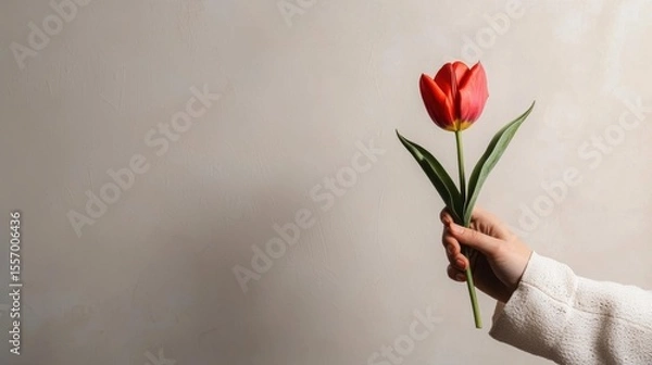 Fototapeta Hand holding a single red tulip. the hand is wearing a white sweater and the background is a plain beige color. the tulip is in full bloom with its petals open and its stem and leaves visible.