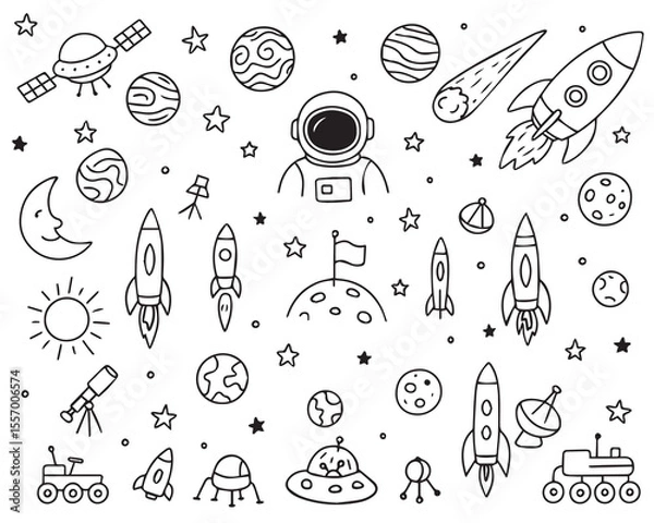 Fototapeta Hand drawn space. Rockets, Space planets in doodle style. Set of hand drawn space icons. Vector illustration