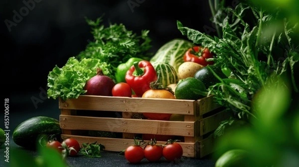Fototapeta Wooden crate filled with various fresh vegetables and fruits. the crate is placed on a dark background with a few green leaves scattered around it.