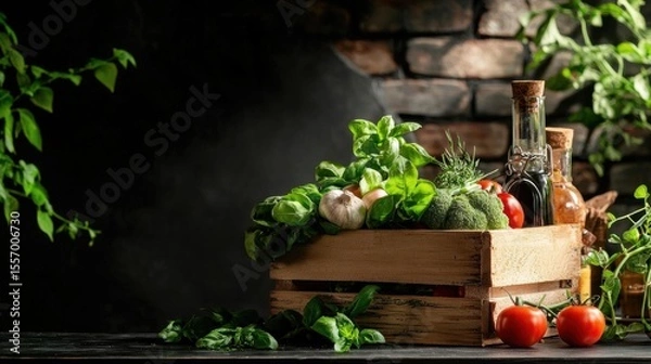 Fototapeta Wooden crate filled with fresh vegetables and herbs on a dark background. the crate is placed on a wooden table with a brick wall in the background.
